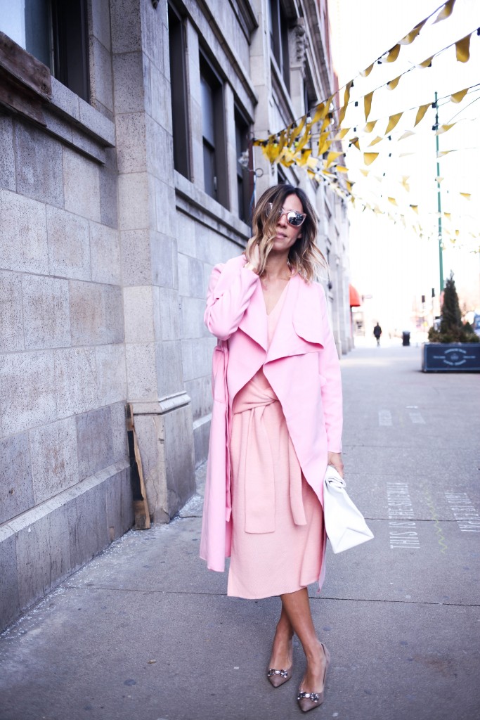 Pink tie front sweater dress, Sole Society jeweled pointed toe pump, Easter Sunday fashion ideas, Pink Long Sleeve Lapel Pockets Coat