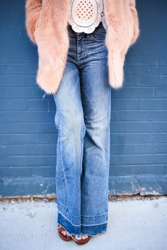 Bell Botton Jeans, Shein White Lace Top, Ann Taylor Faux Fur Coat, 70s style fashion