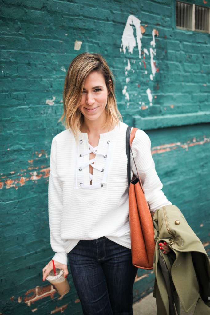 White Lace Up Front Sweatshirt, La Colombe, Casual Monday, Sevens for All Makind Bell Denim