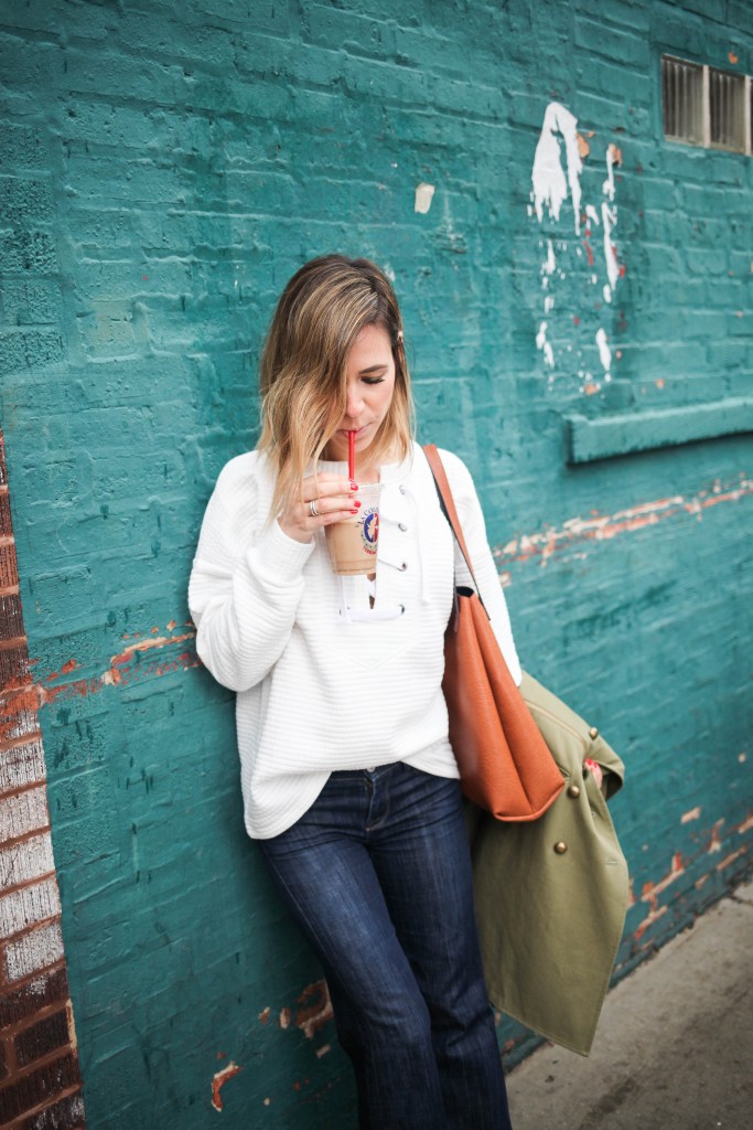 White Lace Up Front Sweatshirt, La Colombe, Casual Monday, Sevens for All Makind Bell Denim