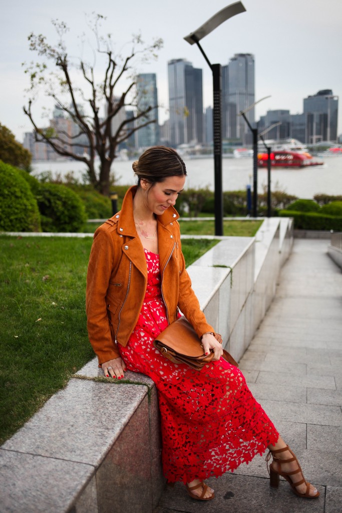 Red Crochet Lace Overlay Bodycon Dress, Shanghai, Chicago Fashion Blogger, Travel Fashion, Suede Jacket