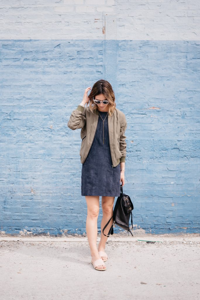 genuine suede dress, quay mirrored sunglasses, Chicago fashion blogger, Linea Pelle Backpack