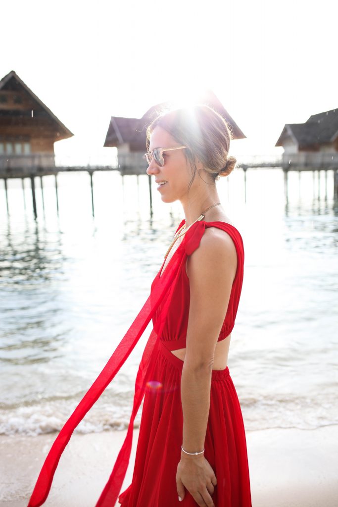 Red V neck backless dress, Telunas Private Island, Chicago Fashion Blogger, Sports and Fashion