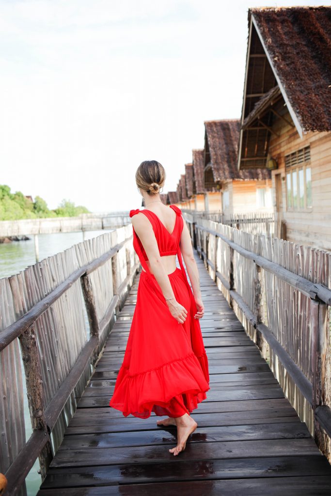 Red V neck backless dress, Telunas Private Island, Chicago Fashion Blogger, Sports and Fashion