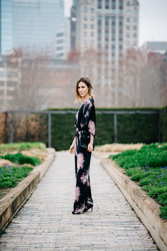 Krishna Black Sula Jumpsuit, Black lace-up sandals, monogrammed clutch, Chicago fashion blogger, fashion and sports