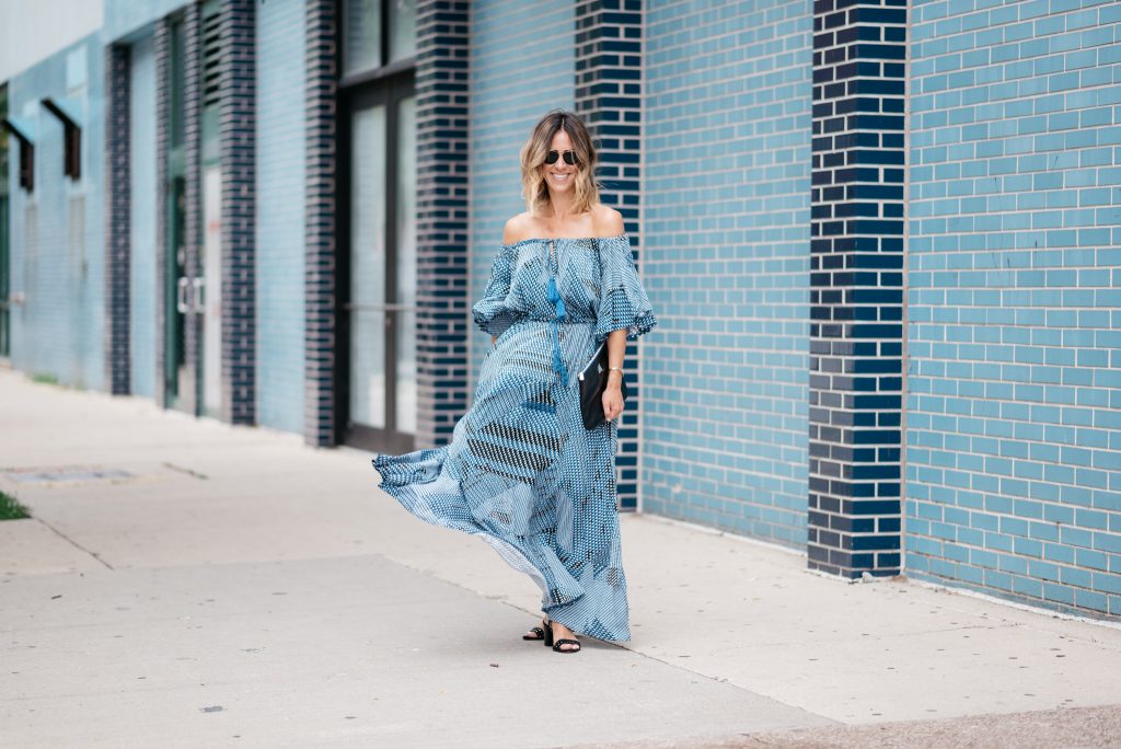 off the shoulder maxi, nine west suede studded sandals, Chicago West Loop, Chicago Fashion Blog, Sports and Fashion