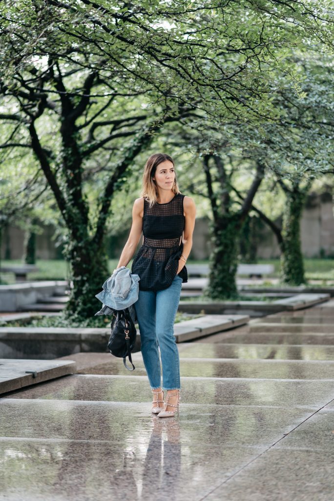 Black Sleeveless Eyelet Peplum Blouse, Raw Hem Straight Leg Jeans, Valentino Rockstud Pumps, Chicago Fashion Blogger