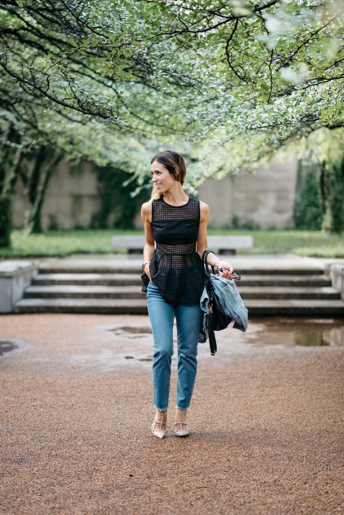 Black Sleeveless Eyelet Peplum Blouse, Raw Hem Straight Leg Jeans, Valentino Rockstud Pumps, Chicago Fashion Blogger