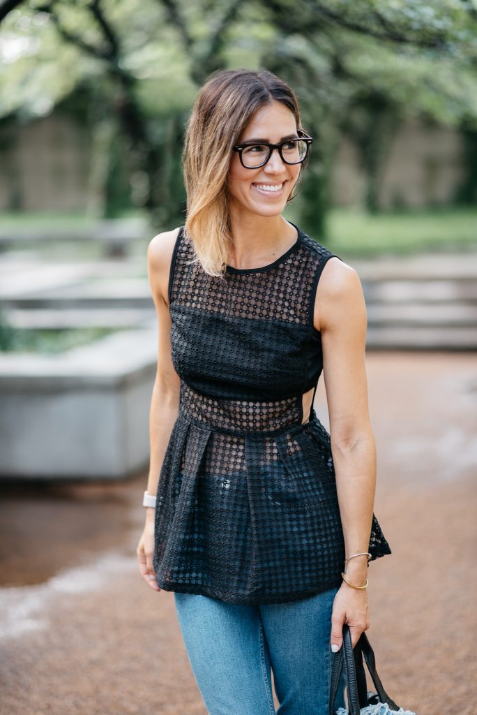 Black Sleeveless Eyelet Peplum Blouse, Raw Hem Straight Leg Jeans, Valentino Rockstud Pumps, Chicago Fashion Blogger