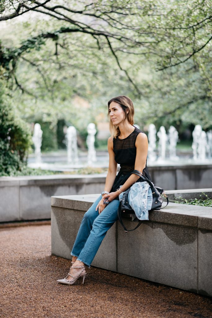 Black Sleeveless Eyelet Peplum Blouse, Raw Hem Straight Leg Jeans, Valentino Rockstud Pumps, Chicago Fashion Blogger