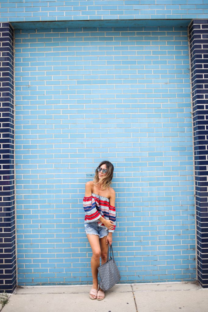 Multicolor Striped Off The Shoulder Blouse, Labor Day Weekend, Mirrored Sunglasses, Distressed Denim Short, Chicago Fashion Blogger