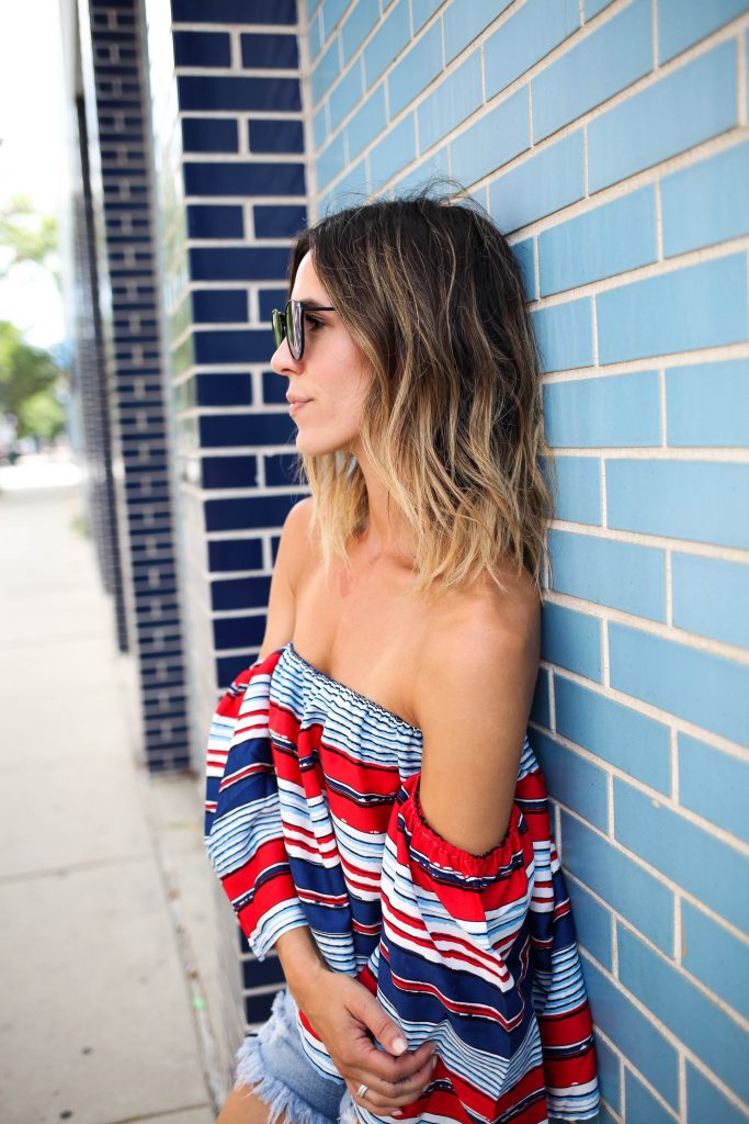 Multicolor Striped Off The Shoulder Blouse, Labor Day Weekend, Mirrored Sunglasses, Distressed Denim Short, Chicago Fashion Blogger