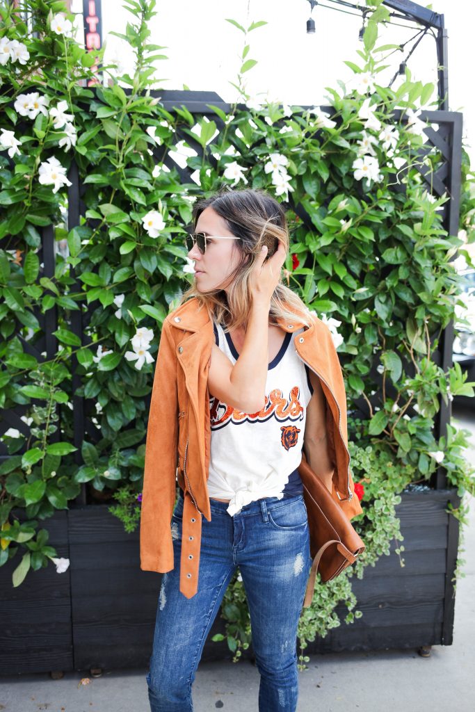 Chicago Bears Tank Top, Suede Moto Jacket, Raw Edge Denim, Platform Oxfords, Chicago Fashion Blogger, Game Day Fashion