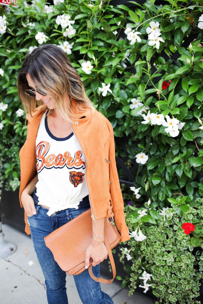 Chicago Bears Tank Top, Suede Moto Jacket, Raw Edge Denim, Platform Oxfords, Chicago Fashion Blogger, Game Day Fashion