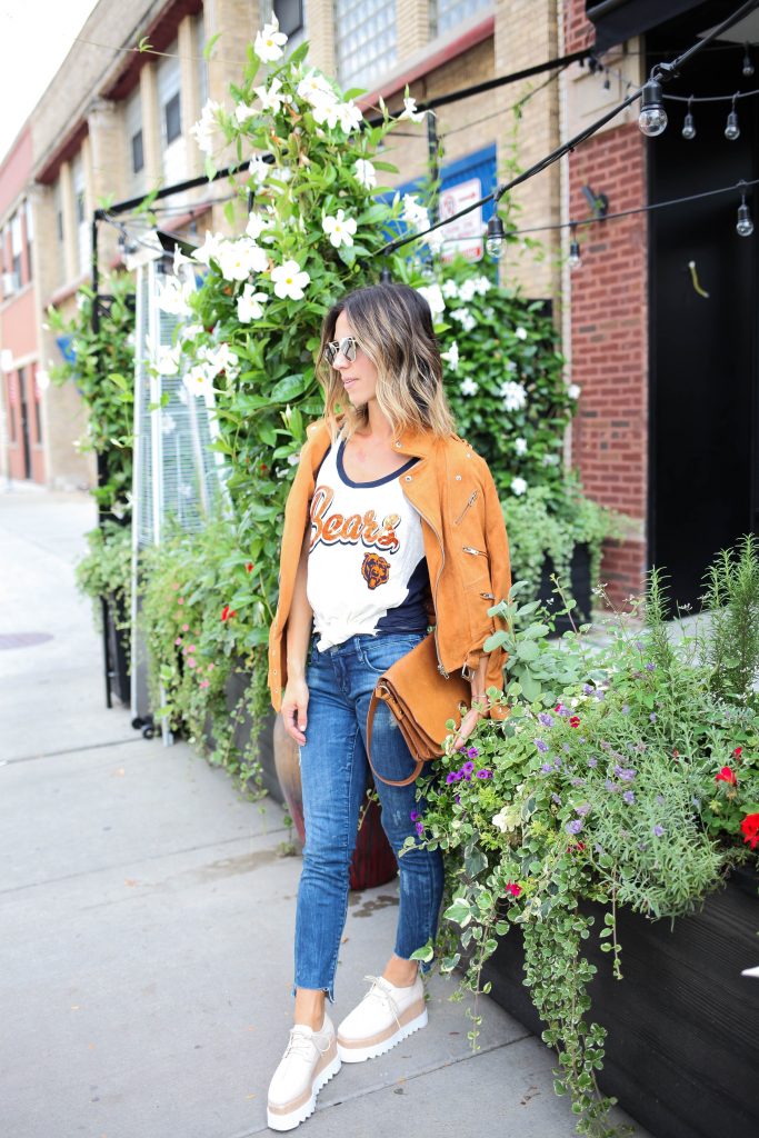 Chicago Bears Tank Top, Suede Moto Jacket, Raw Edge Denim, Platform Oxfords, Chicago Fashion Blogger, Game Day Fashion