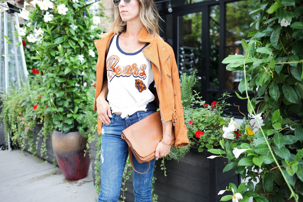 Chicago Bears Tank Top, Suede Moto Jacket, Raw Edge Denim, Platform Oxfords, Chicago Fashion Blogger, Game Day Fashion