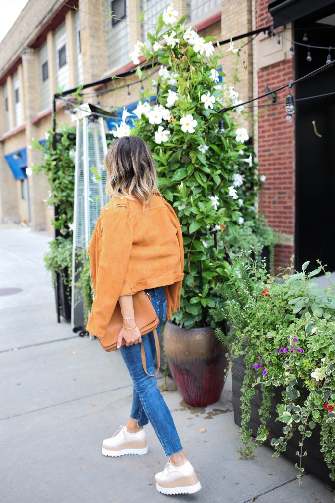 Chicago Bears Tank Top, Suede Moto Jacket, Raw Edge Denim, Platform Oxfords, Chicago Fashion Blogger, Game Day Fashion