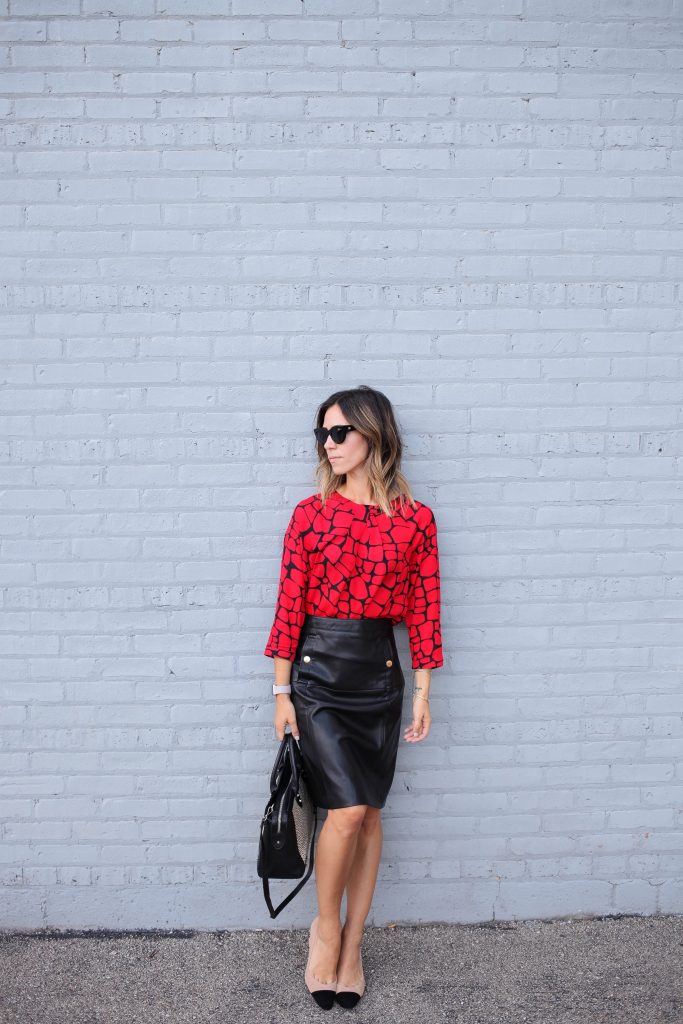 40 Years of Liz Claiborne, Giraffe Print Bouse, Faux Leather Skirt, Cat Eye Sunglasses, Cap Toe Suede Pumps, Chicago Fashion Blogger