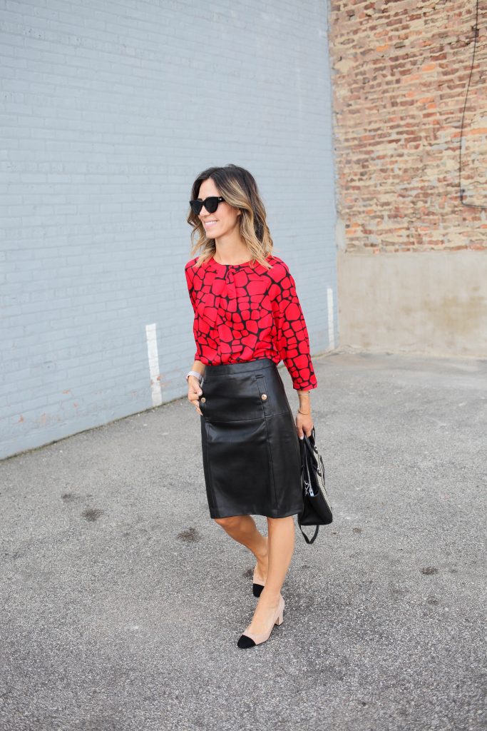 40 Years of Liz Claiborne, Giraffe Print Bouse, Faux Leather Skirt, Cat Eye Sunglasses, Cap Toe Suede Pumps, Chicago Fashion Blogger