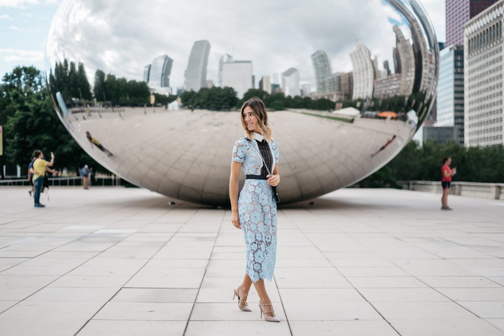 Blue Cut Out Floral Lace Midi Dress, Valentino Rock Stud Pumps, Cloud Gate, Chicago Fashion Blogger, Sports and Fashion