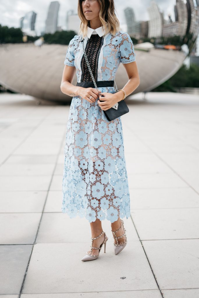 Blue Cut Out Floral Lace Midi Dress, Valentino Rock Stud Pumps, Cloud Gate, Chicago Fashion Blogger, Sports and Fashion