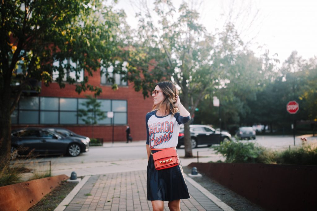 Chicago Bears Game Day Fashion, Chicago Fashion Blogger, Linea Pelle Grayon, Cuce Rainbows, Junk Food Clothing Chicago Bears