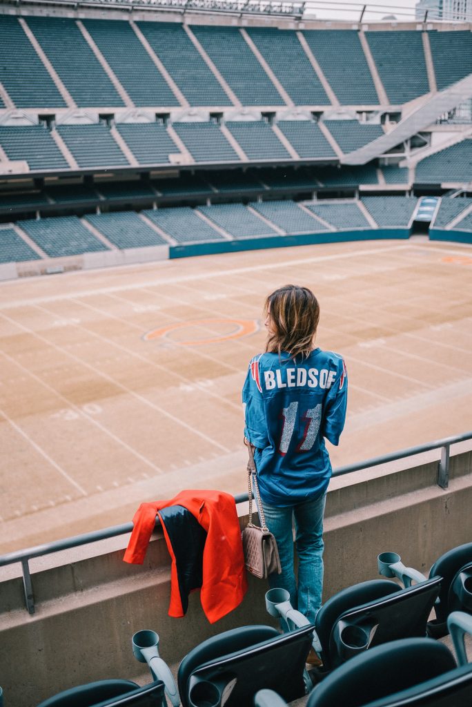 Blogger Mary Krosnjar wearing game day fashion and Soldier Field