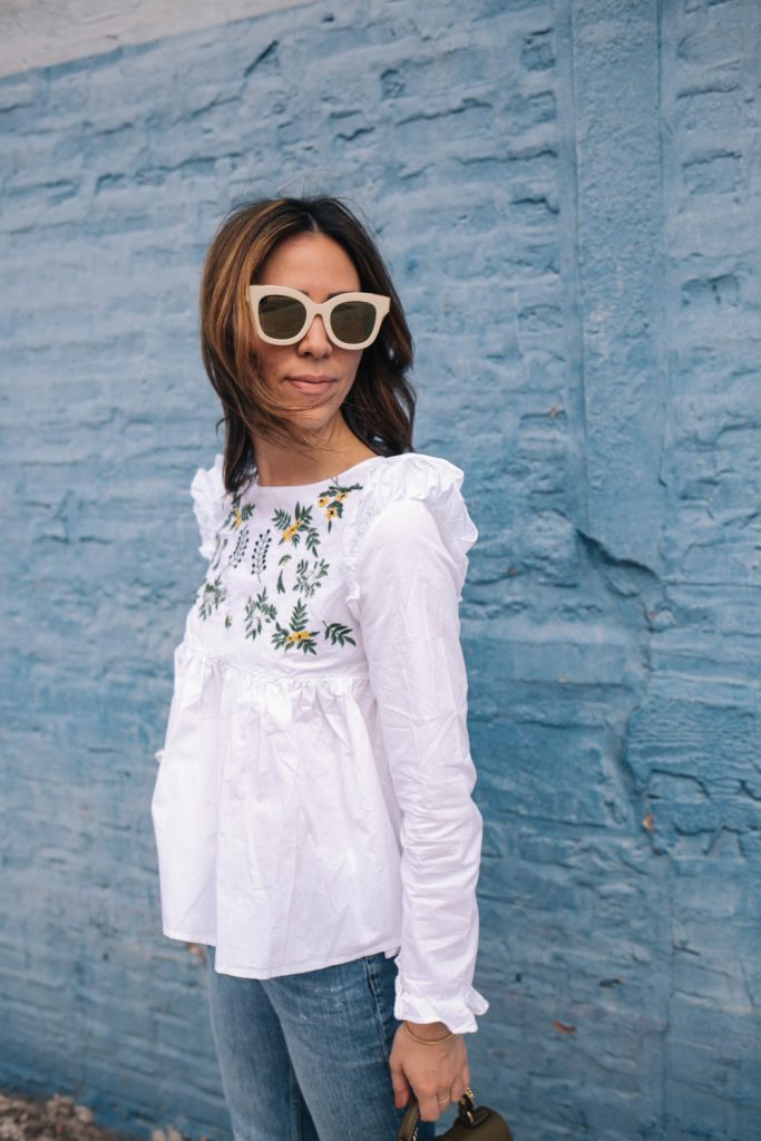 Blogger Mary Krosnjar wearing B.P. Mirrored sunglasses and White Embroidery Ruffle Trim Pleated Blouse