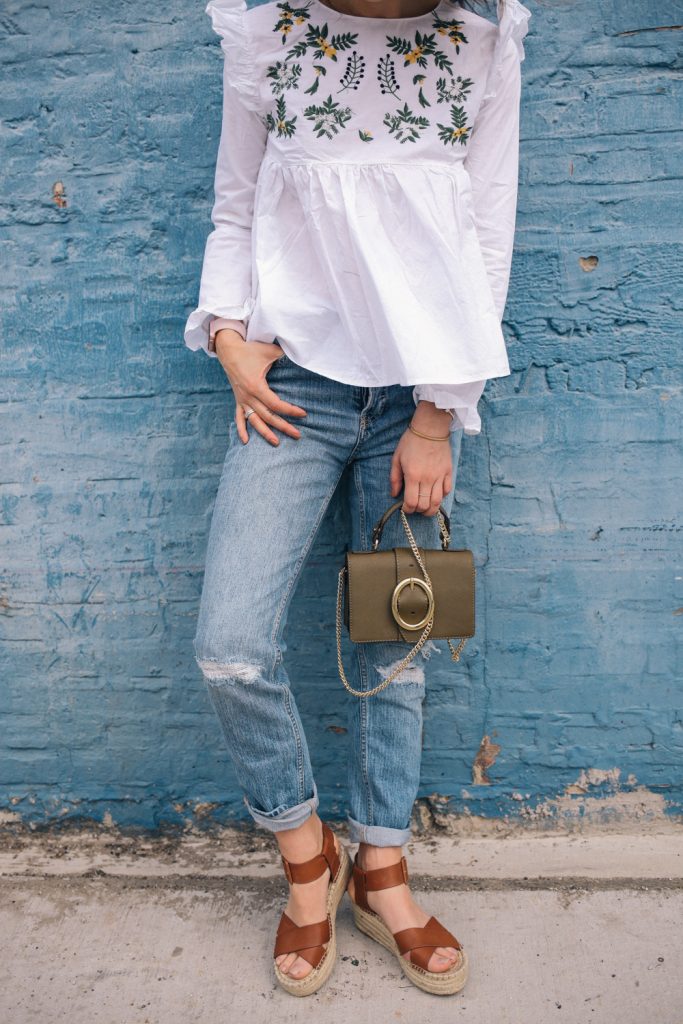 Blogger Mary Krosnjar wearing White Embroidery Ruffle Trim Pleated Blouse and Sole Society espadrilles