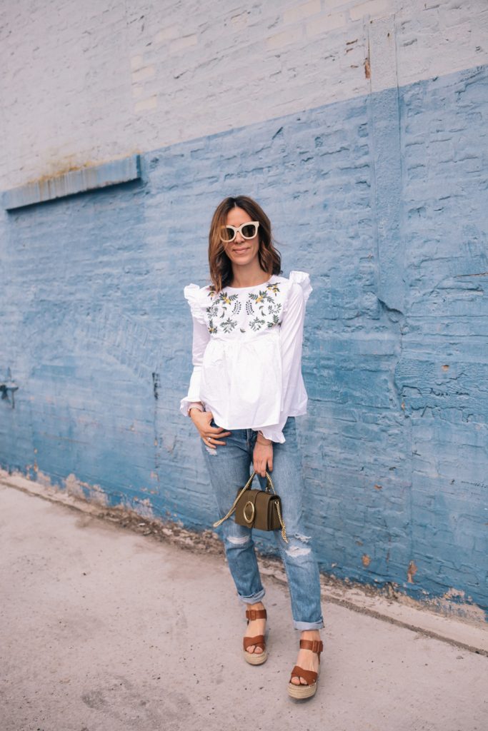 Blogger Mary Krosnjar wearing Sole Society espadrilles and White Embroidery Ruffle Trim Pleated Blouse