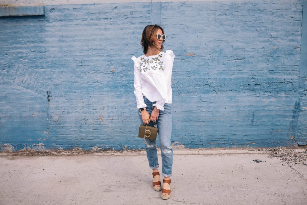 Blogger Mary Krosnjar wearing H&M distressed denim, embroidered top and sole society espadrilles