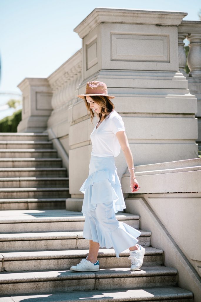 Blogger Mary Krosnjar wearing Chelsea Ruffle Midi Skirt and Lou & Grey Linen tee