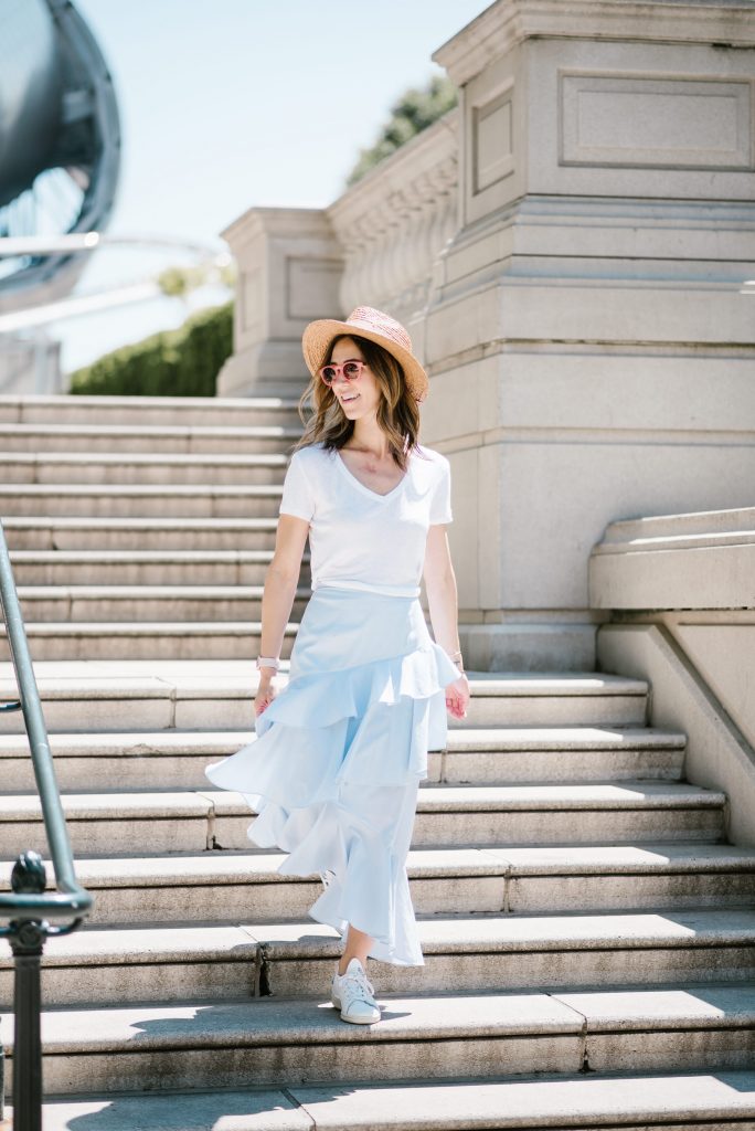Blogger Mary Krosnjar wearing Chelsea Ruffle Midi Skirt and Stan Smith