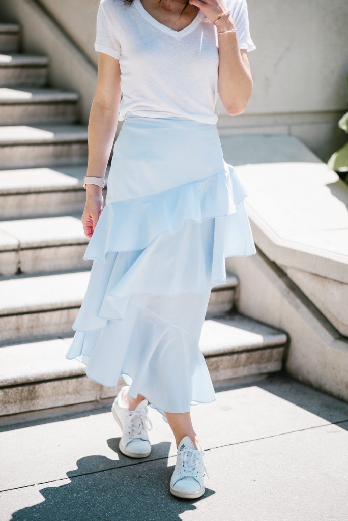 Blogger Mary Krosnjar wearing Chelsea Ruffle Midi Skirt