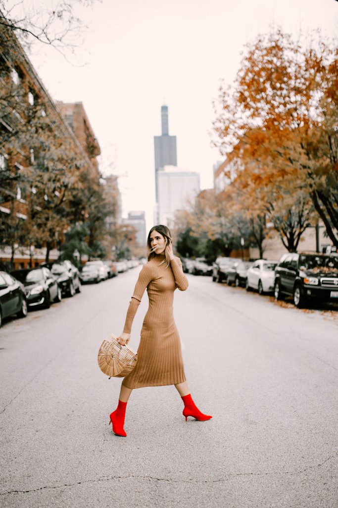 Blogger Mary Krosnjar wearing Tan Knit Dress with Red Ankle Booties