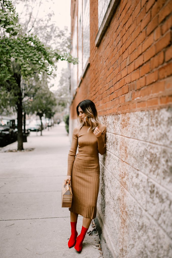 Tan Knit Dress and Red Ankle Booties for the Holidays 