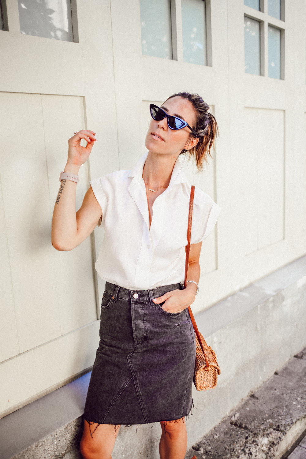 Black Denim Skirt + Madewell Boardwalk Lace-Up Sandal