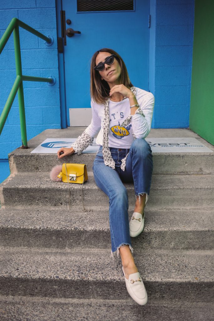 Blogger Mary Krosnjar wearing Gucci Princetown Mules and Furla Metropolis Mini Cross Body Bag