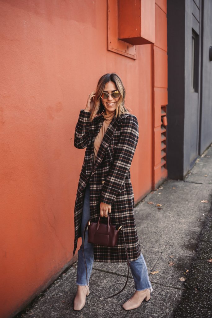 Blogger Mary Krosnjar wearing C/MEO Magnets Coat in Black Check and High Waisted Denim 