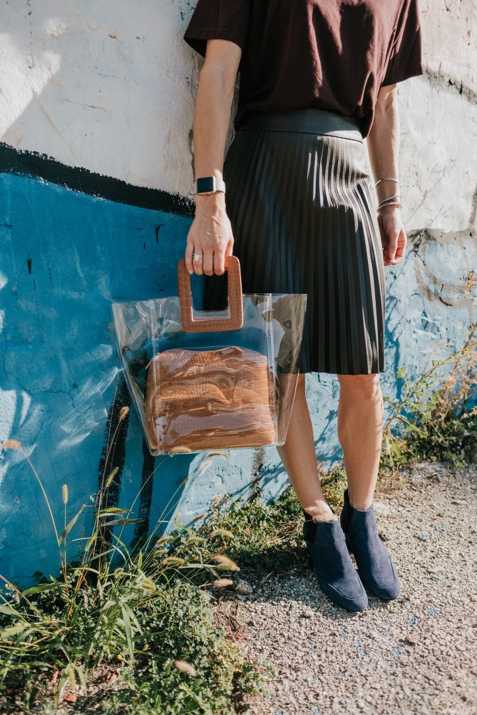 Blogger Mary Krosnjar wearing clear bag and Naturalizer Navy Suede Booties