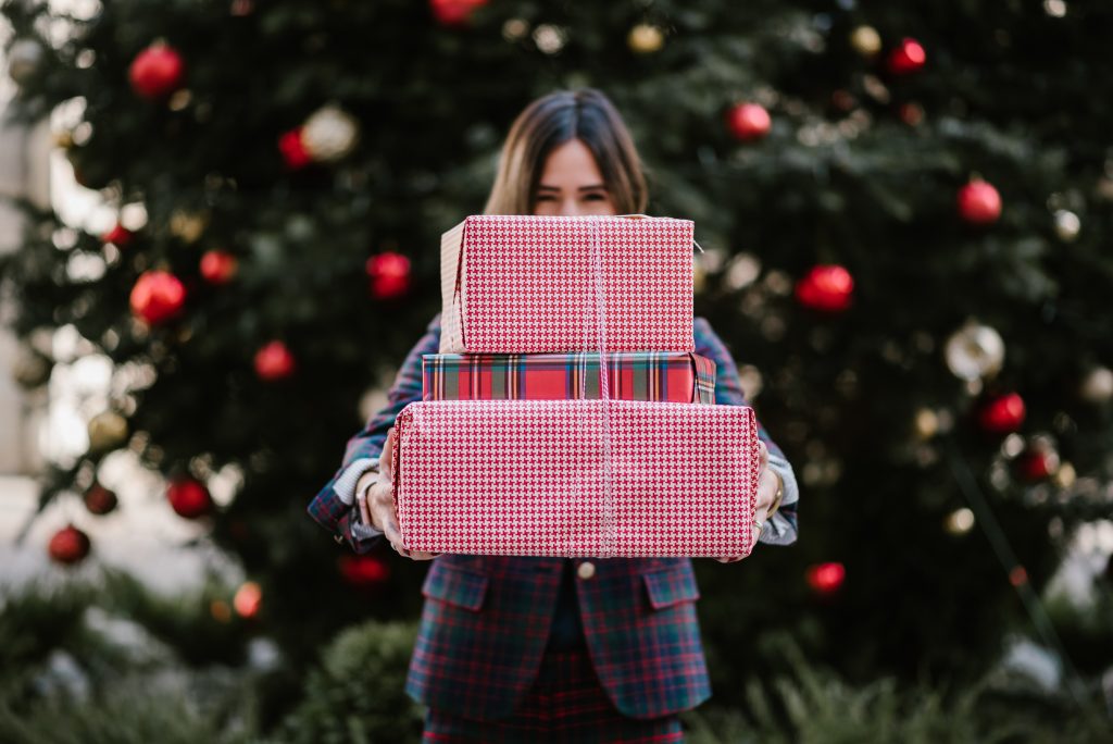 Blogger Mary Krosnjar wearing Plaid Holiday Suit