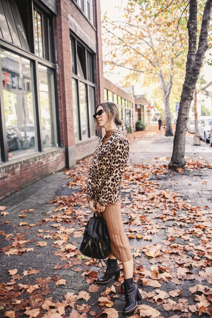 Blogger Mary Krosnjar wearing Leopard Print Blazer and Heeled Combat boots