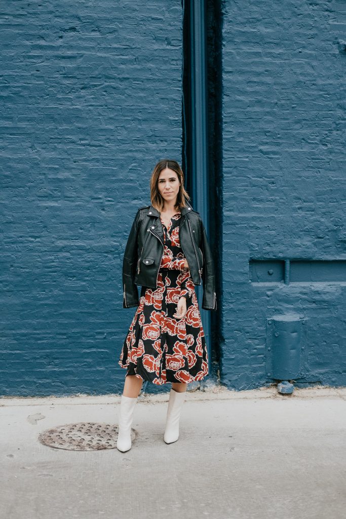 Blogger Mary Krosnjar wearing Blank NYC Denim Faux Leather Jacket and Target Who What Wear Floral Midi Dress