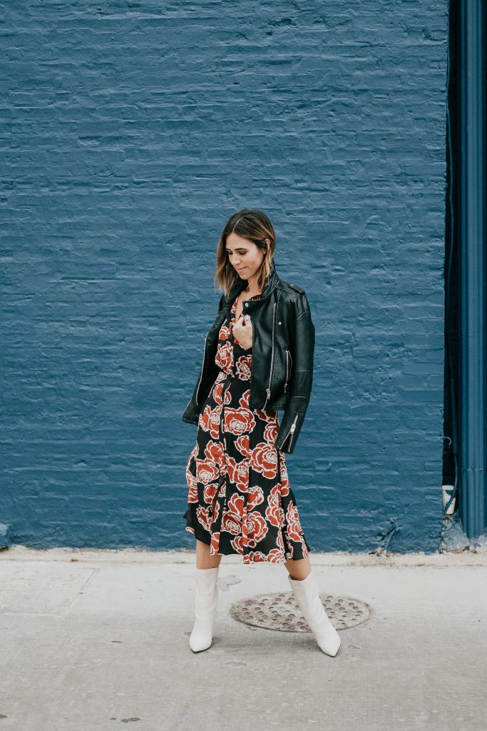 Blogger Mary Krosnjar wearing Blank NYC Faux Leather Jacket and Who What Wear Midi Dress