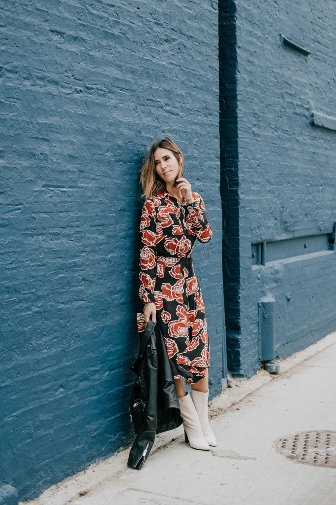 Blogger Mary Krosnjar wearing Target Who What Wear Floral Midi Dress and Dolce Vita Calf Boots