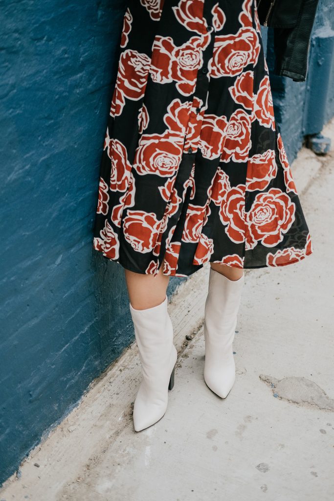 Blogger Mary Krosnjar wearing Who What Wear Floral Midi Dress with Dolce Vita White Calf Boots