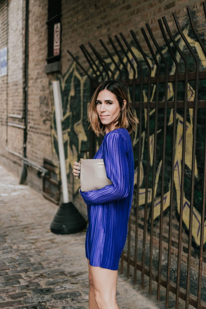 Blogger Mary Krosnjar wearing Tibi Mini Dress and Gigi New York Clutch