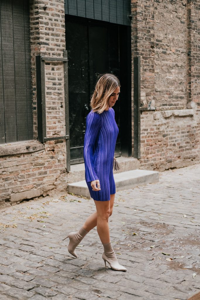 Blogger Mary krosnjar wearing Tibi Purple Mini Dress