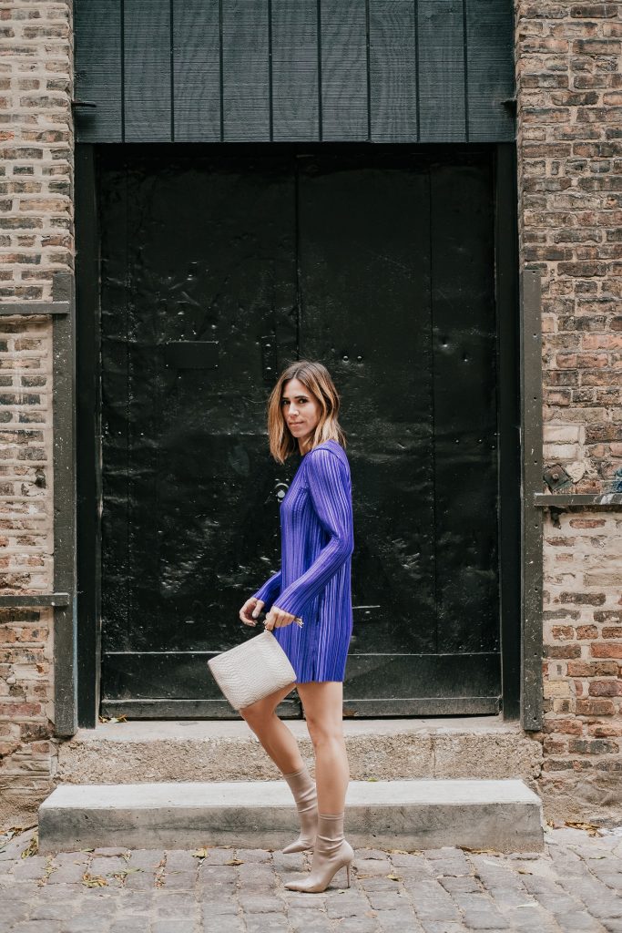 Tibi Purple Mini Dress and Nude Sock Like Booties