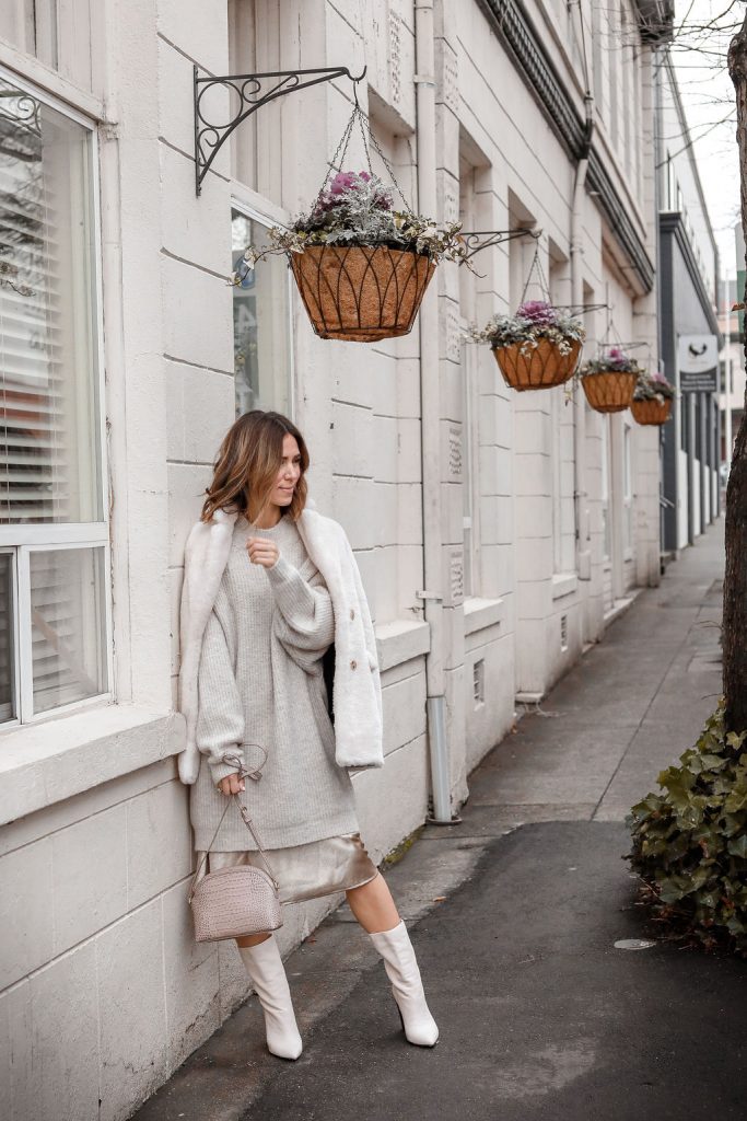 Blogger Sportsanista wearing Teddy Faux Fur Jacket and Dolce Vita White Leather Calf Boots